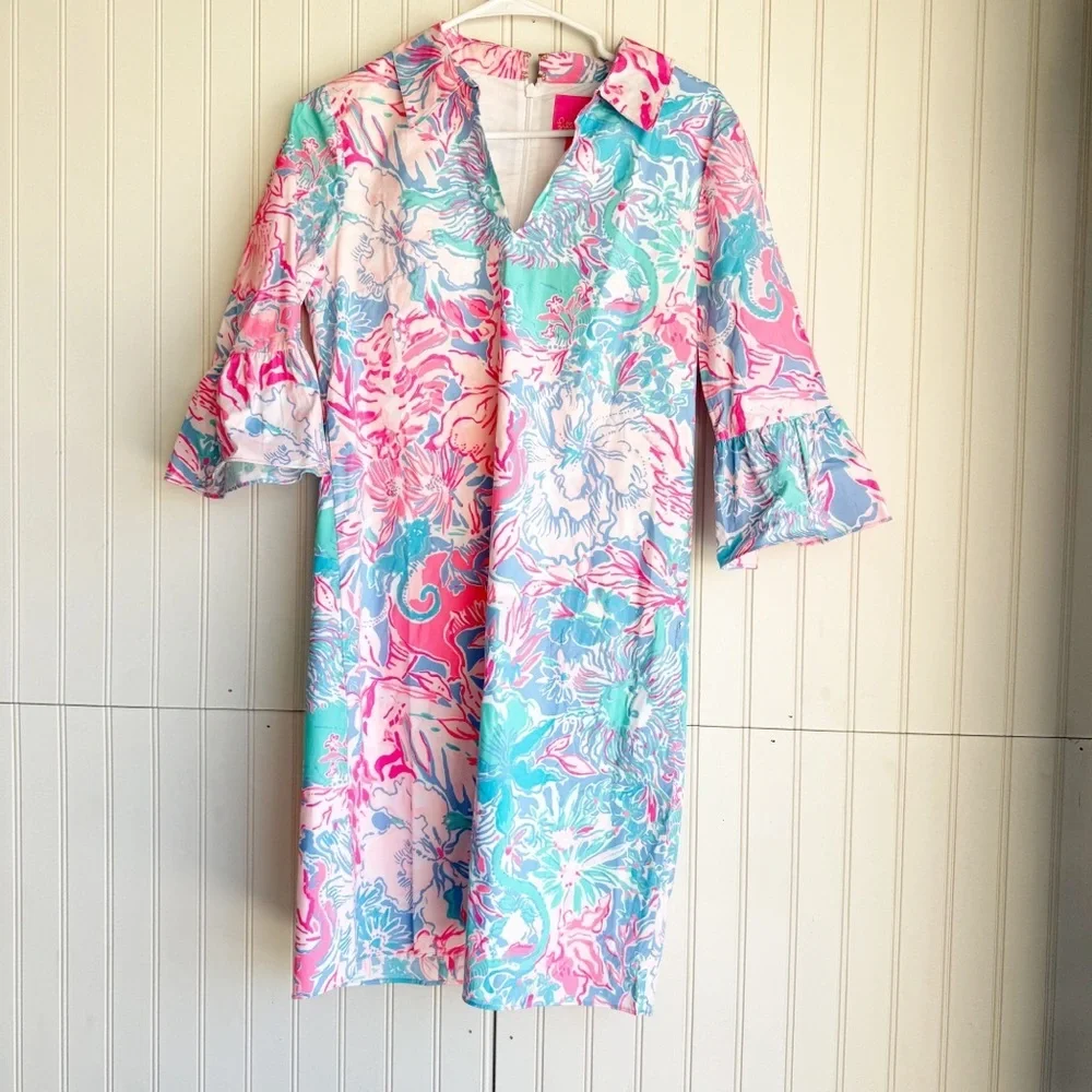 Lilly Pulitzer Sz 2 Collared Ginger Stretch Dress in Blue Peri Viva La Lilly NEW - Picture 4 of 8